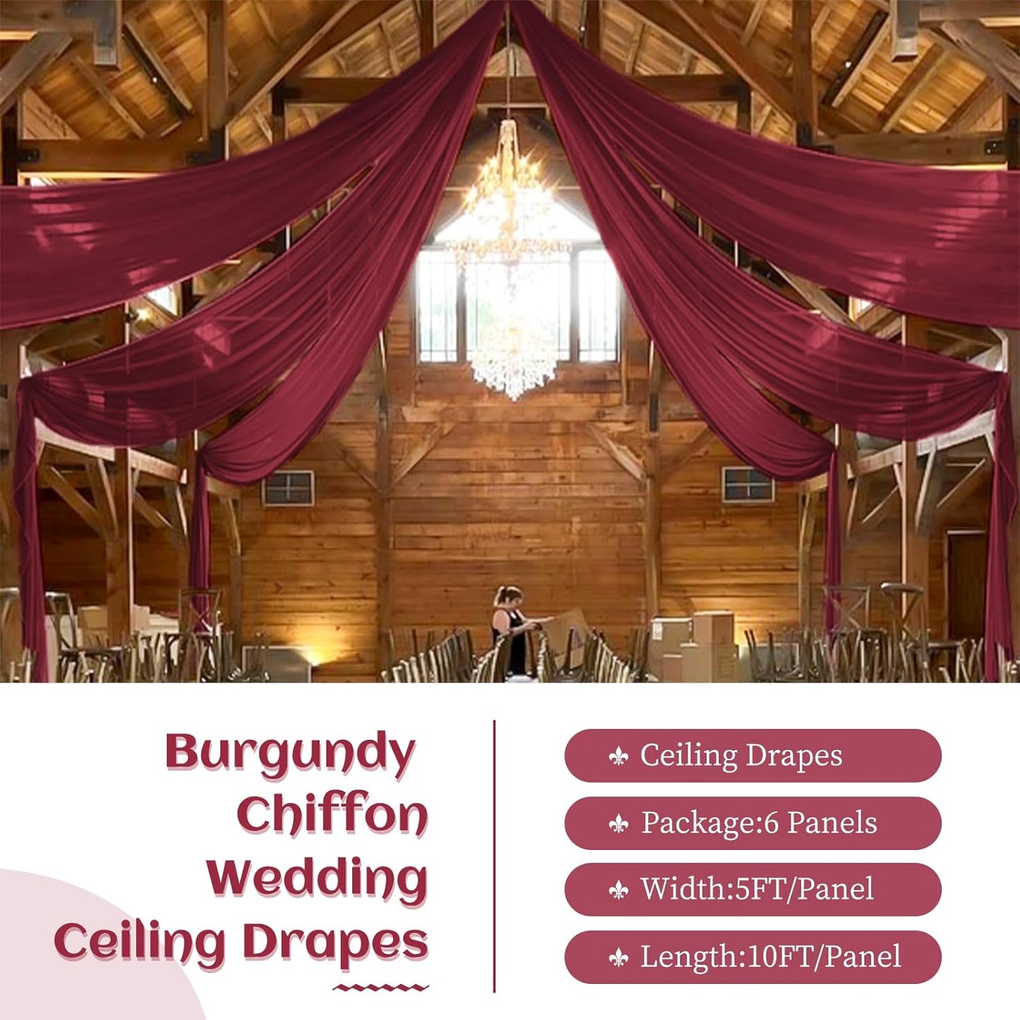 6 Panels Burgundy Wedding Ceiling Drapes 5ftx10ft Ceiling Drapes Chiffon Fabric Arch Draping Sheer Curtains Soft Drapery Draping Wedding Ceiling Decorations for Party Ceremony Stage Swag