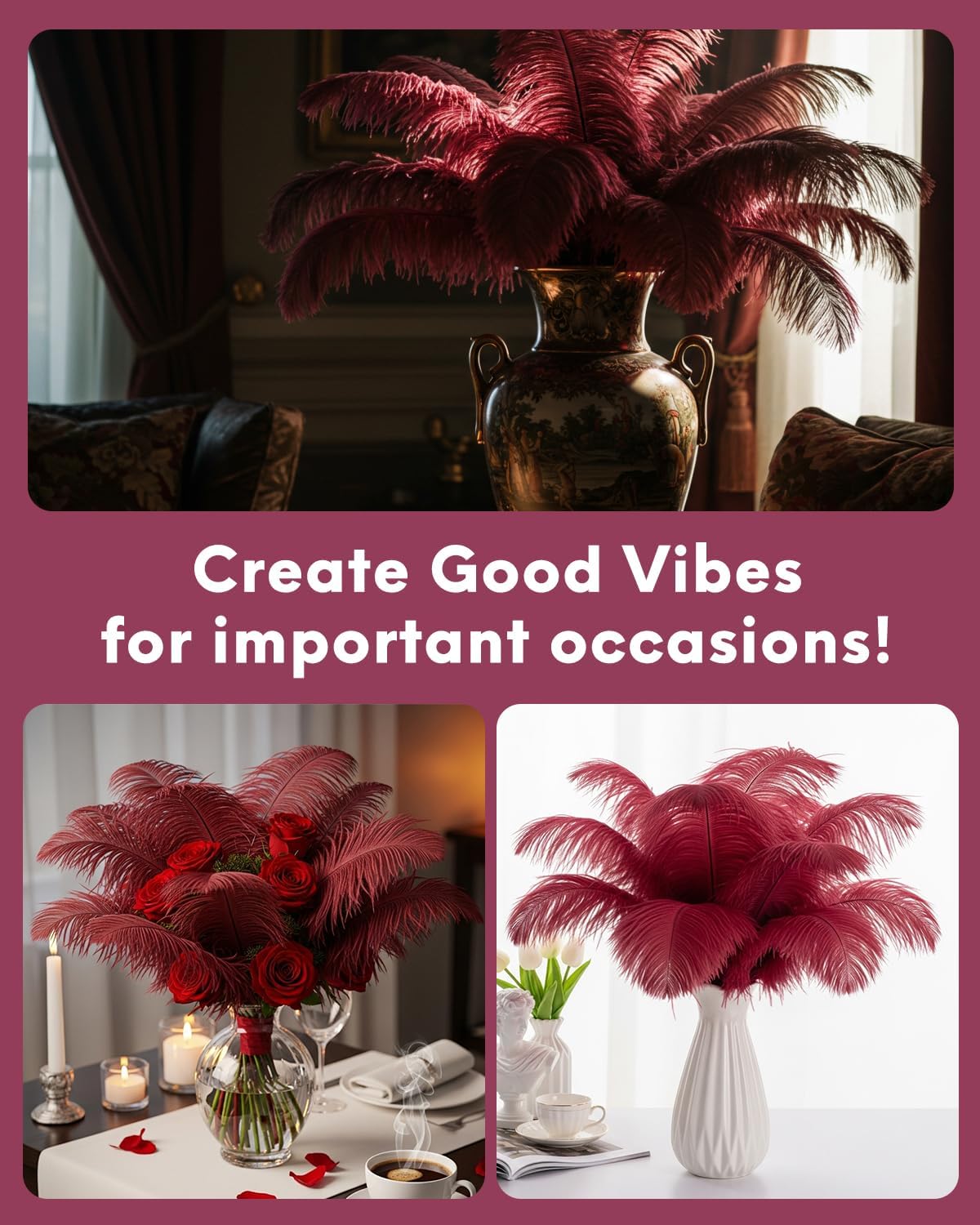 NEWONG 30pcs Wine red Ostrich Feathers Natural Bulk 9-12in（23-30cm） Vase Craft Wedding Home Party Centerpieces Christmas Day Decoration
