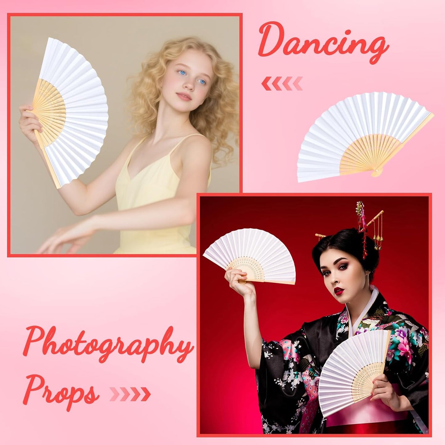 NEBURORA 24Pcs White Handheld Paper Fans 8.3 Inch Hand Held Bamboo Fans Foldable for Wedding Decoration Outdoor Party Favors DIY Decoration Dancing Photography Props