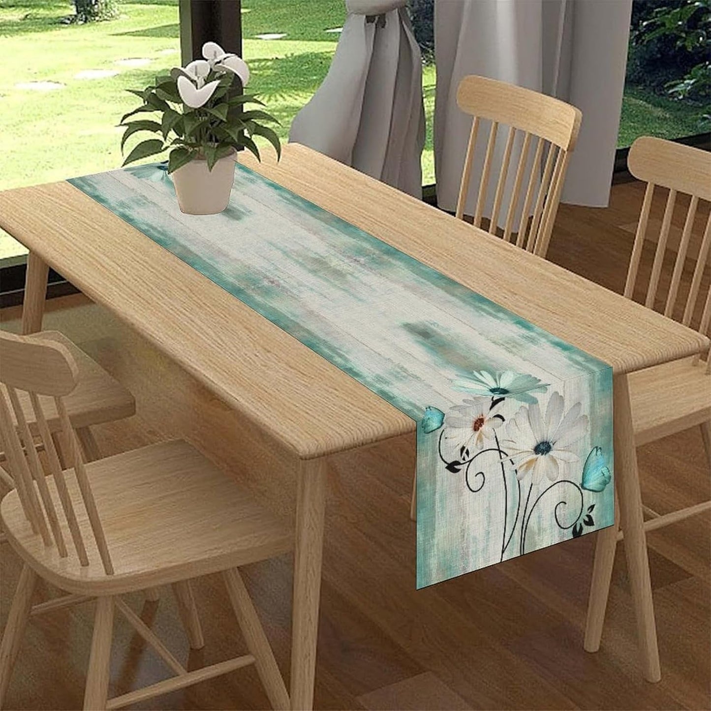 Farmhouse Table Runner, Rustic Wood Plank Spring Daisy Flower Retro Wooden Country Table Center Decor for Home Kitchen Dining Patio Holiday Party Indoor Outdoor Table Decorations, 13"x108" Inch