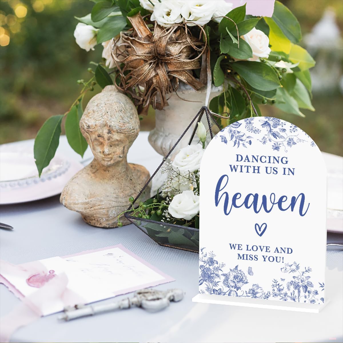 Acrylic Wedding Signs, Dusty Blue Wedding Decor, Blue Weddings Decor, Modern Calligraphy Arch Acrylic Table Top Sign for Weddings Parties Dinners - Dancing With Us in Heaven (White)