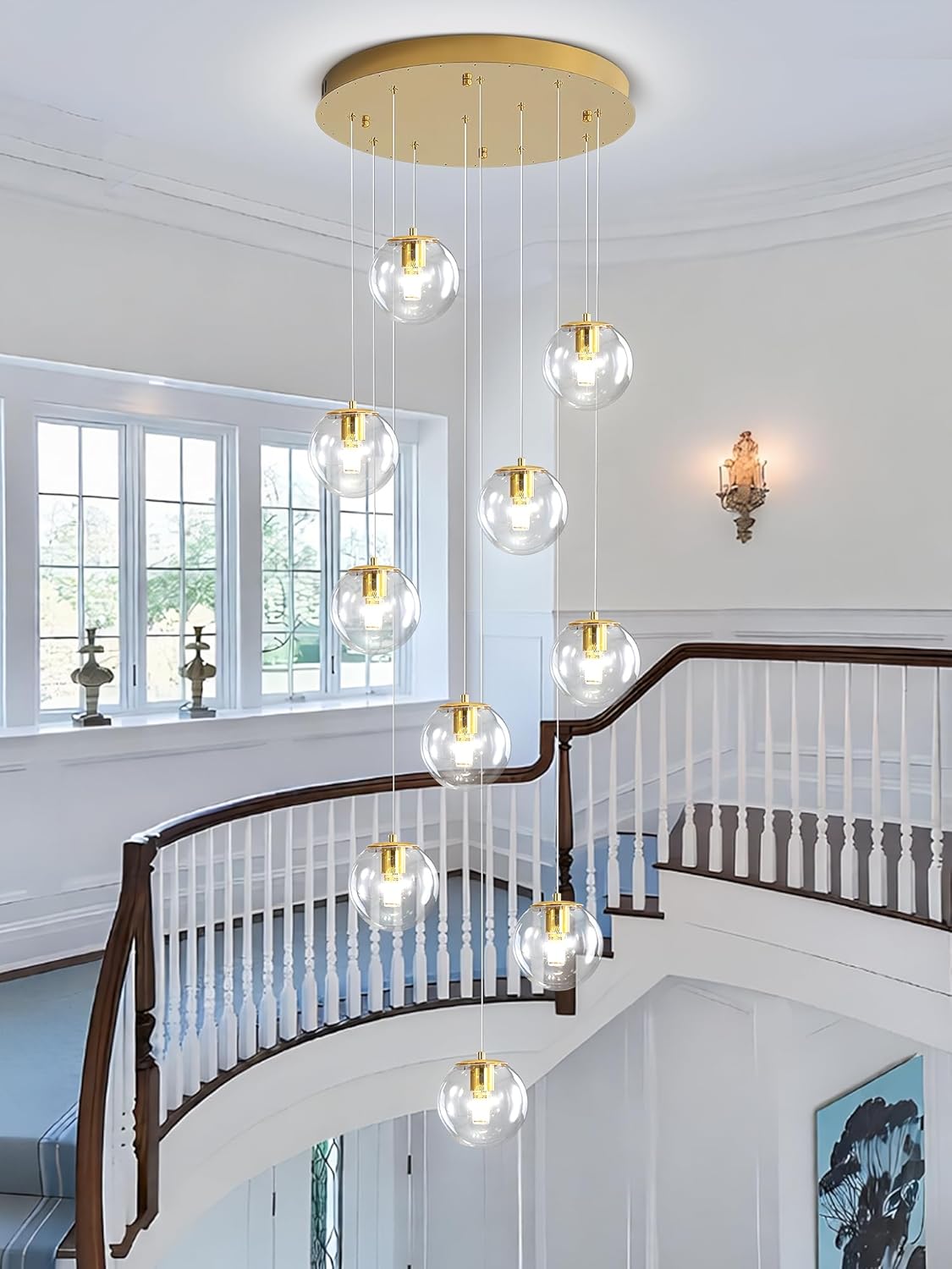 H118 Modern Glass Globe Chandelier Staircase Chandelier for Entryway 12-Lights Glass Globe Pendant Light Large Chandeliers for High Ceiling Foyer Stairwell