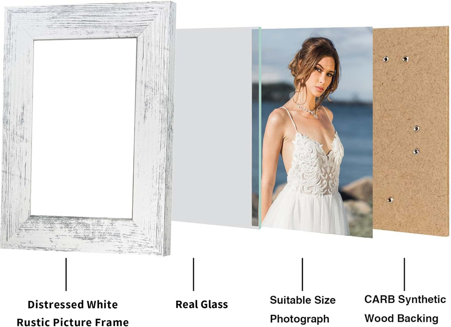 5x7 Picture Frame Set of 4, High Definition Glass Distressed White Frame, 5 x 7 Wood Photo Frames for Tabletop Display and Wall Mounting