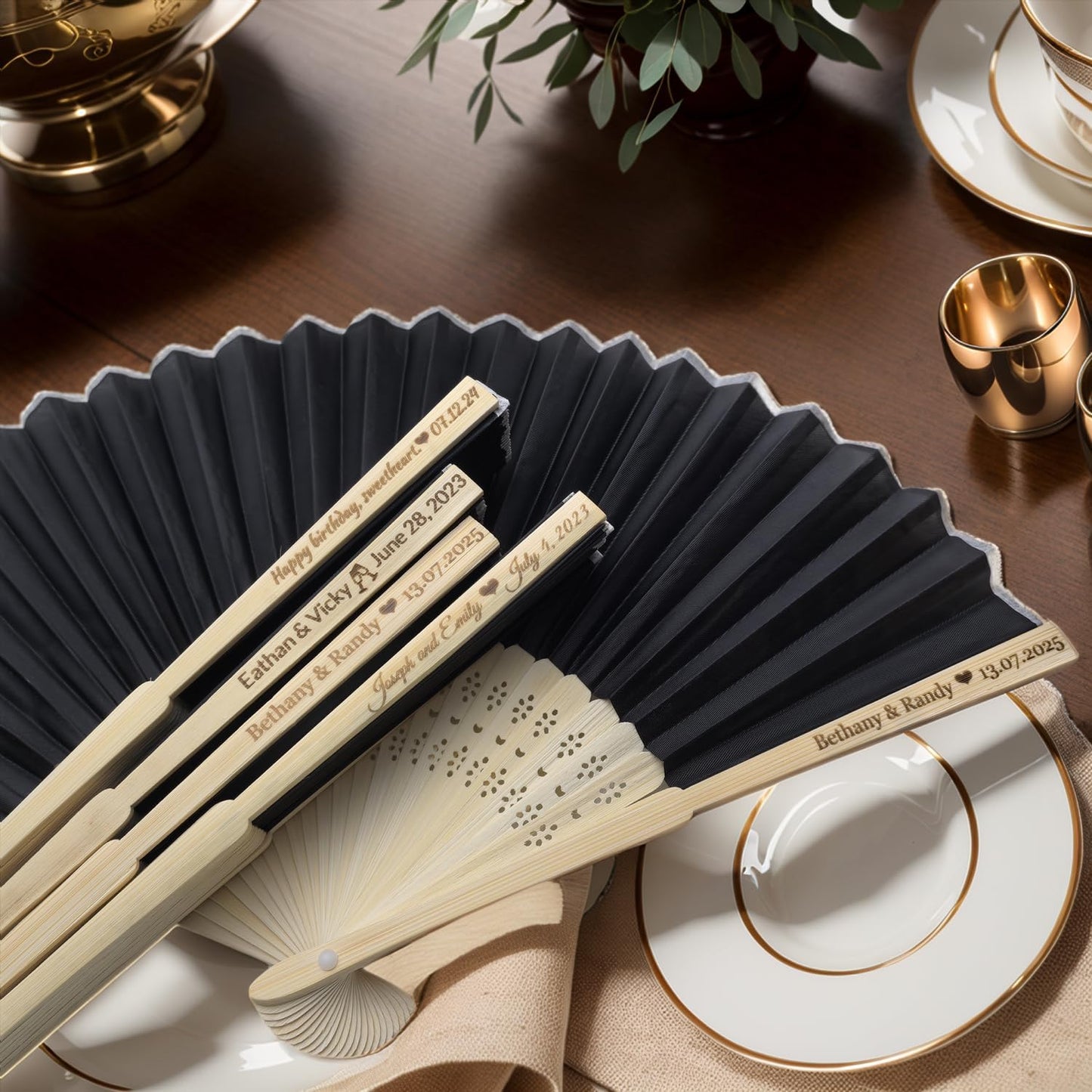 3Pcs Personalized Silk Fans Folding Hand Fan, Custom Wedding Bridal Party Favors, Summer Wedding Bride, Wedding Gift, Thank You Gift (Black)