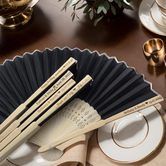 90Pcs Personalized Silk Fans Folding Hand Fan, Custom Wedding Bridal Party Favors, Summer Wedding Bride, Wedding Gift, Thank You Gift (Black)