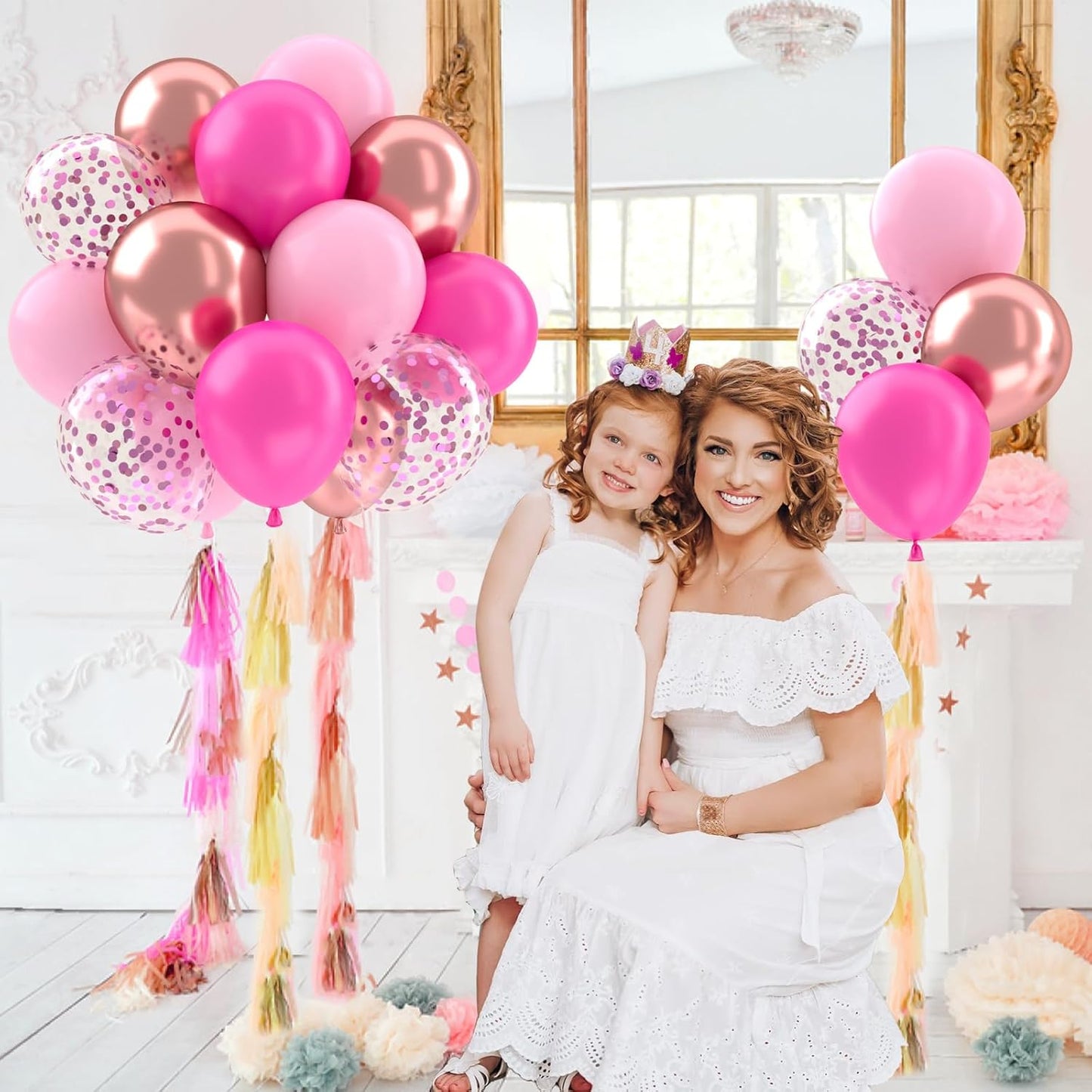 Patimate Hot Pink Balloons Set, 50 pcs 12 inch Metallic Rose Gold Hot Pink Pastel Pink Purple Confetti Latex Balloons Kit for Birthday Baby Shower Wedding Princess Party Decorations