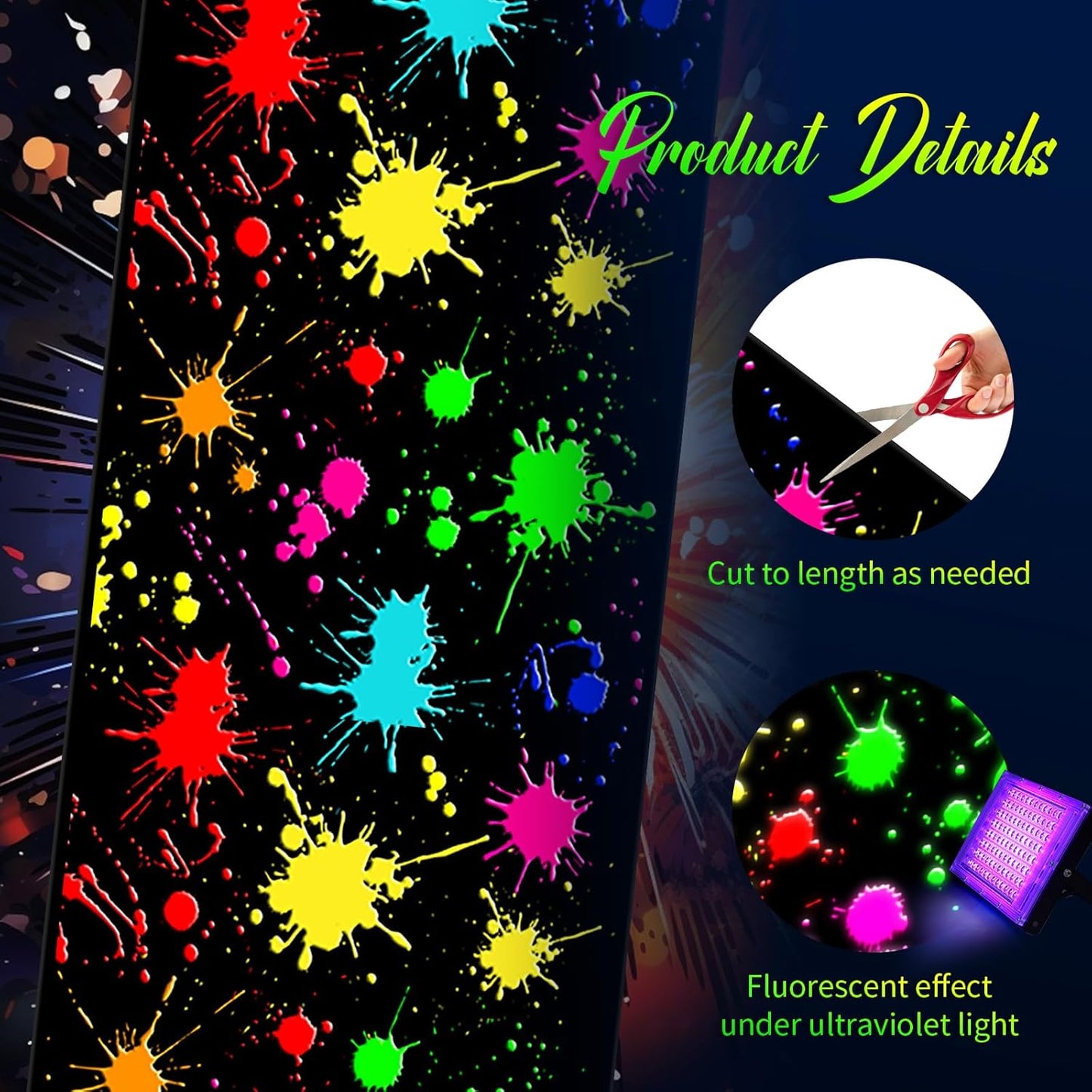 Haull 118 x 39 Inch Neon Light up Dance Floor Glow in The Dark Runner UV Reactive Blacklight Floor Aisle Runner Decor Wall Props for 80s 90s Neon Birthday Party Decorations(Paint Splatter)