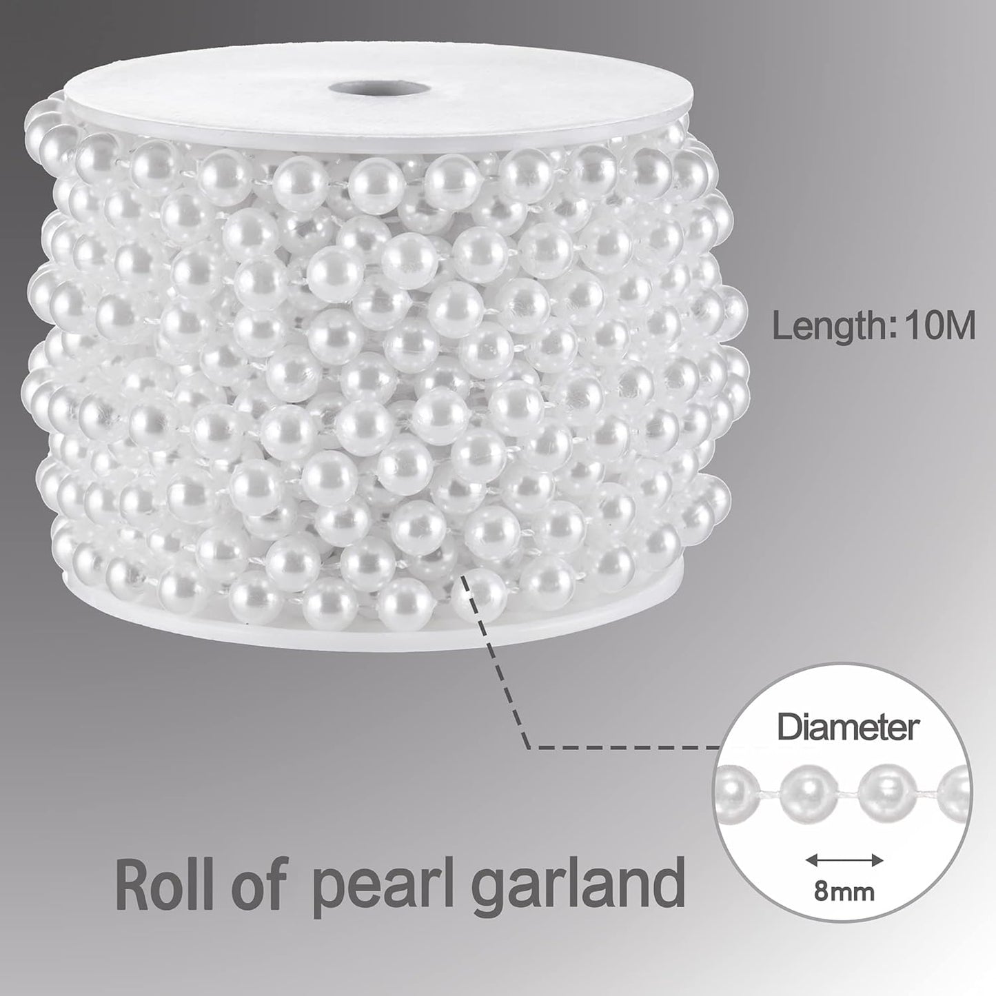 Craft String Pearls 8MM Pearl Bead, 33 Feet White Faux Pearl Garland Spool Roll Strand Wedding Party Decoration, Christmas Tree Decorations