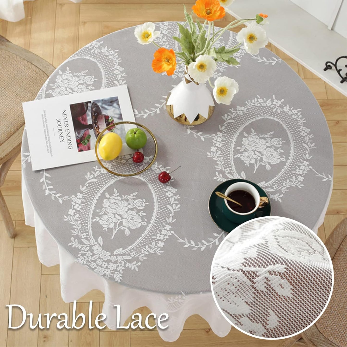 Jeloris Round Lace Tablecloth with Elegant Scalloped Bottom for Any Special Event Such as Wedding, Birthday Party, Baby Shower, Anniversary (70 inch, Style 6)