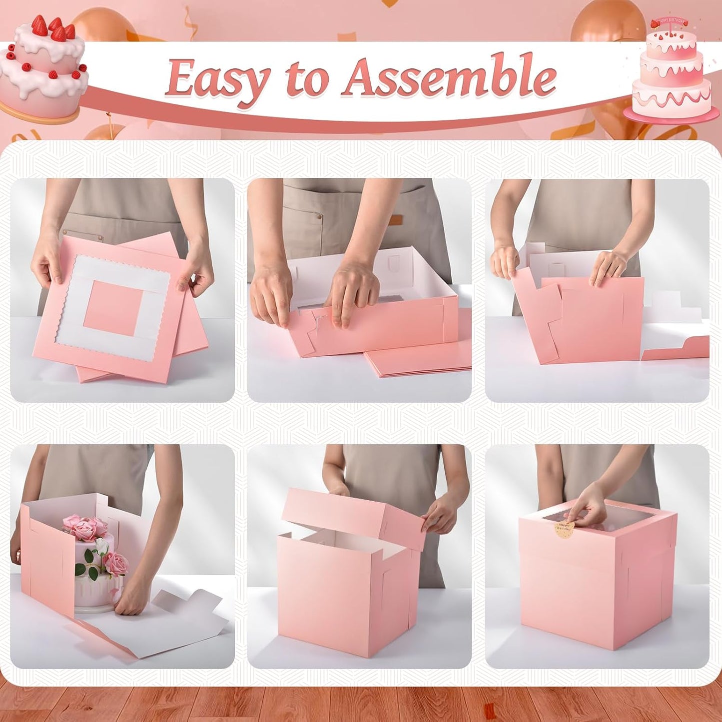 12Pcs Cake Boxes, 10x10x10 Inches Tall Cake Boxes with Window, Pink Disposable Tier Cake Containers for Pastries, Pie, Cookies, Chocolates, Cupcakes, Birthday Party, Wedding Bakery Boxes