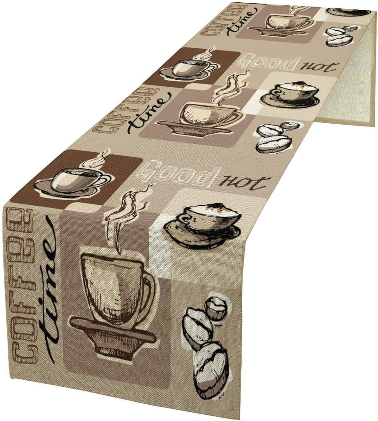 Coffee Table Runner,Vintage Style Coffee Cup Bean Abstract Theme Pattern Print Tablecloth Burlap for Hotel Indoors Outdoor Dining Room Kitchen Table Decor, 13x90in
