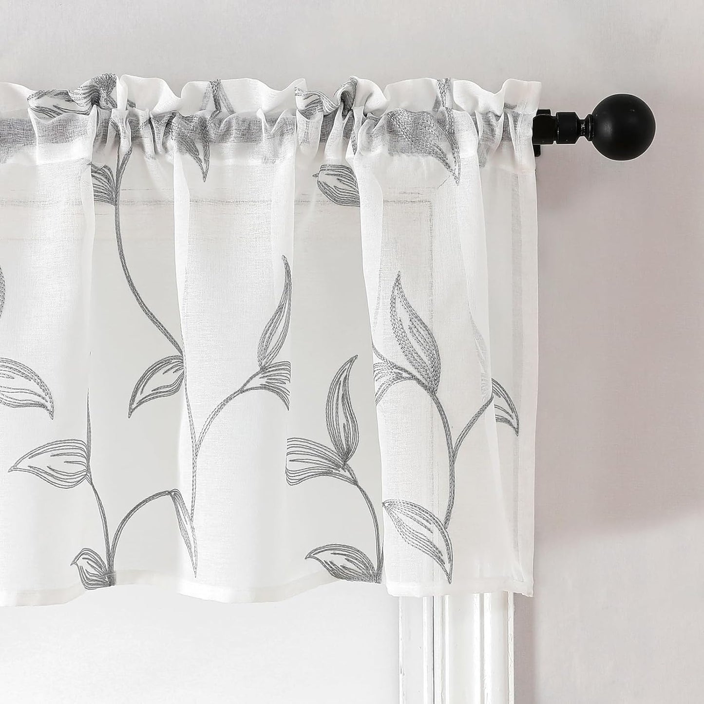 VISIONTEX Sheer Voile Curtain Valances, Decorative Leaves Embroidered, Rod Pocket Window Treatment for Kitchen/Rustic Bedroom/Living Room (54 x 16 Inch,1 Panel)