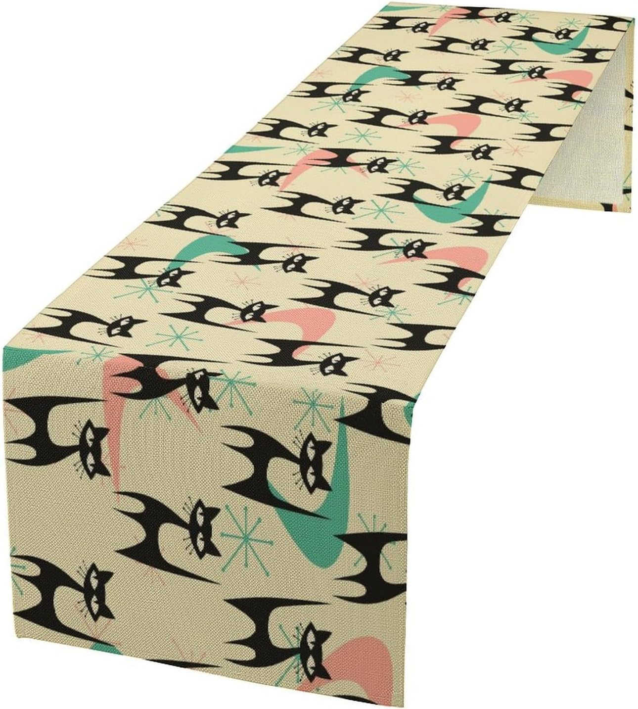 Mid Century Table Runner,Cat Geometric Stripe Colorful Abstract Pattern Print Tablecloth Burlap for Hotel Indoors Outdoor Dining Room Kitchen Holiday Party, 13x80in