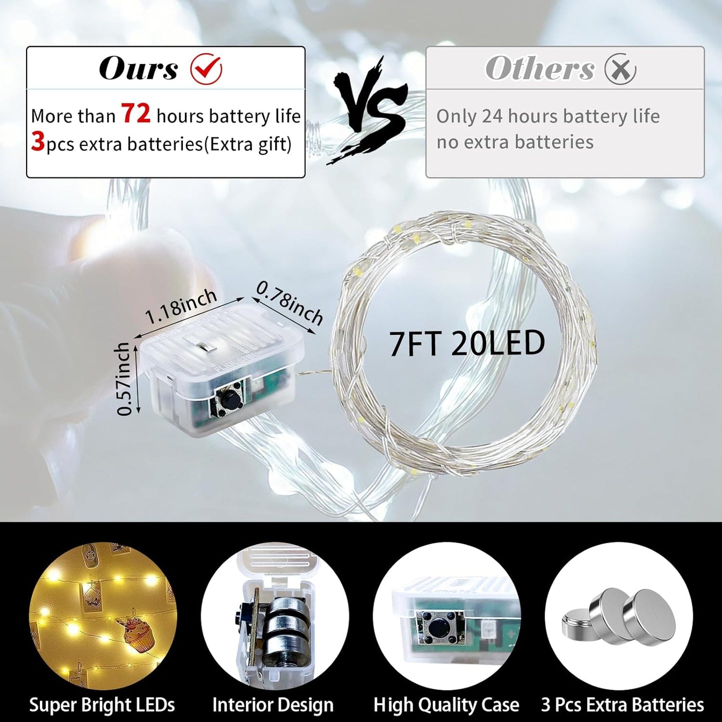 50 Pack White Fairy Lights 7Ft 20 LED Twinkle String Lights 3 Modes Battery Operated Waterproof Firefly Starry for Mason Jar Party Wedding Christmas Valentines Day Table Centerpieces,Cold White