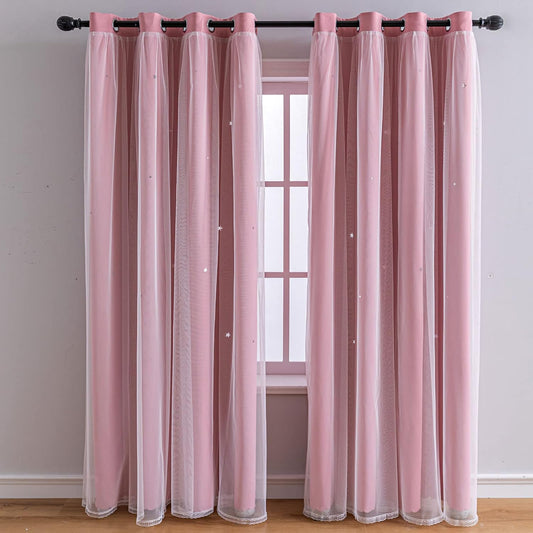 FANLI 2 Panels Star Blackout Curtains for Kid Girls Bedroom Living Room Darking Stripe Double Layer Star Cut Out Wall Home Decor Gradient Grommet Window Curtains (Pink 84L)