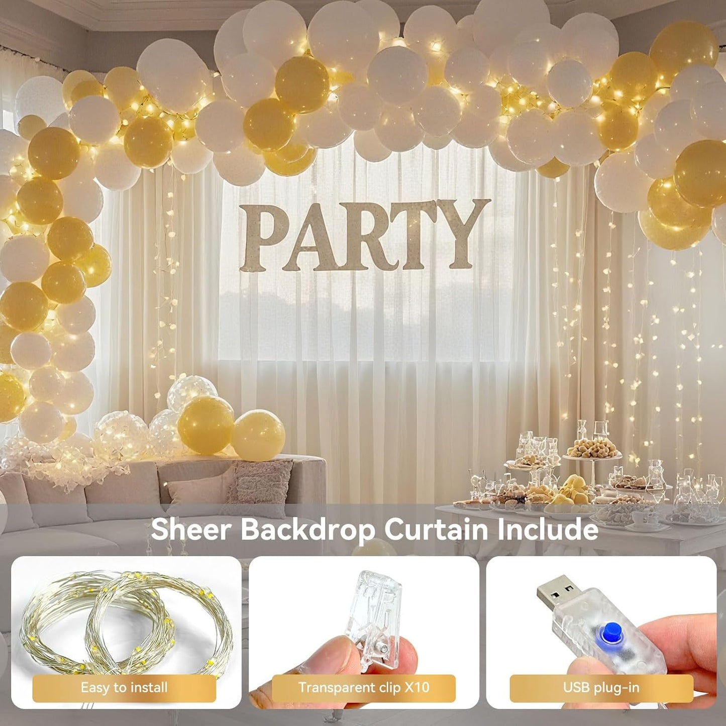 Ledido 10×8ft Tulle Backdrop Curtains with Lights String - 300LED Fairy Lights Sheer Curtain Backdrop for Weddings Baby Shower and Birthday Party Decorations(6 Panels 5×8ft)
