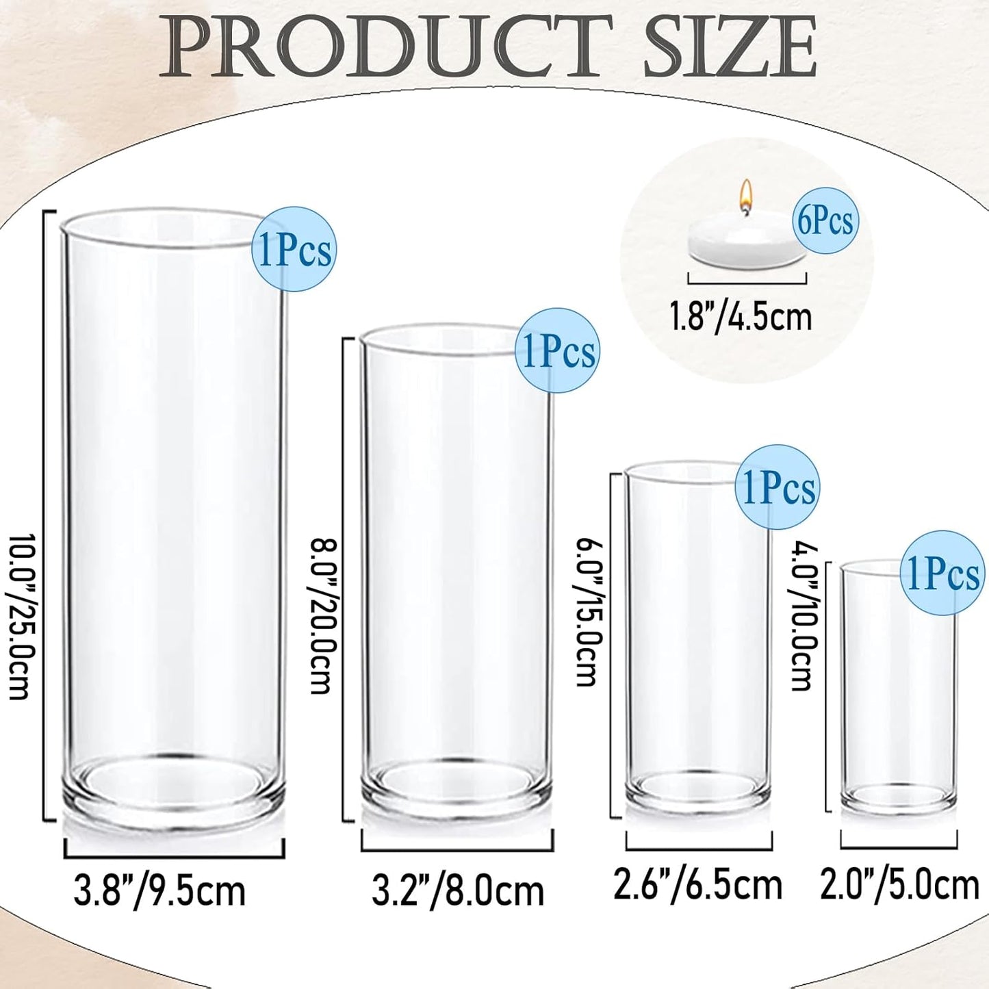 UDU 4 Pack Glass Cylinder Vases for Centerpiece, Clear Flower Vase Hurricane Floating Candle Holder for Centerpiece Table Wedding Home Decor