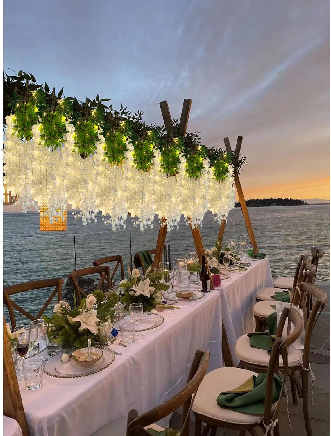 12 Pack White Wisteria Hanging Flowers Garland with Lights, 3.44 Feet Artificial Flower Vines, Fake Wisteria, Artificial Vines Hanging Garland for Backdrop Outdoor Patio Garden Decor