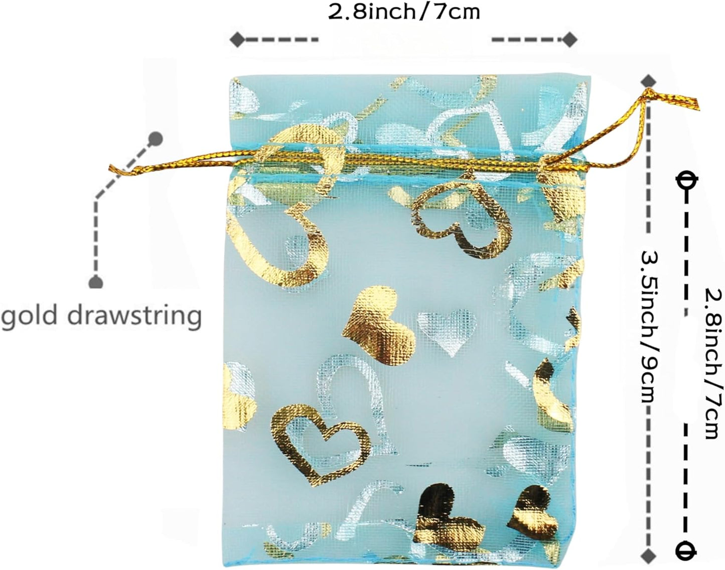 QIANHAILIZZ 100 Pack 2.8 x 3.5 Inch Flower Heart Organza Jewelry Gift Pouch Candy Pouch Drawstring Wedding Favor Bags B511S (turquoise gold heart)