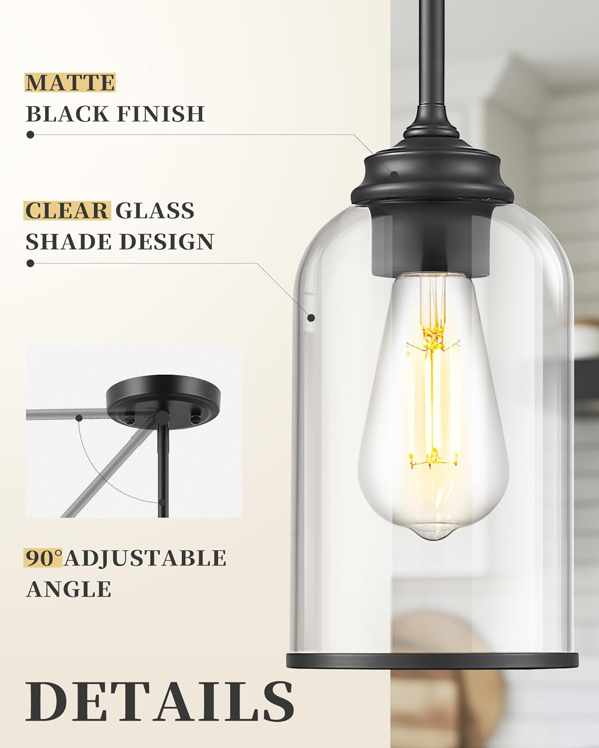 LIROUVET 2 Pack Pendant Lights Kitchen Island, Modern Pendant Lights, Black Hanging Lamp with Clear Glass, Industrial Pendant Light Fixtures for Dining Room PL02 CLBK-2PK