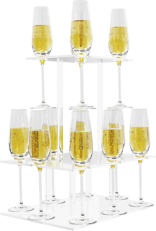 Champagne Tower, Rectangle Acrylic Champagne Display Rack Stand with 12 Slots, 2 Tiers Floating Sight Champagne Flute Holder for Party, Wedding, School, Celebration, 13.3x9.4x15.3 inch