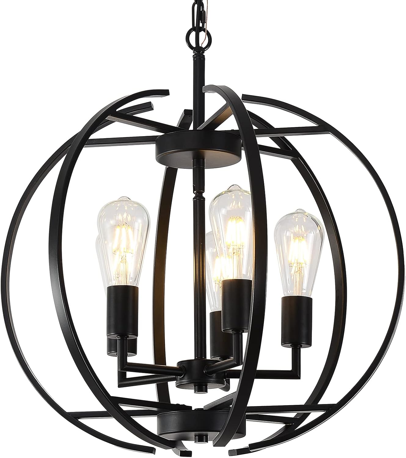 Large Lantern Globe Black Chandelier Lighting, Adjustable Hanging Ceiling Pendant 5 Light for Kitchen, Dining Room, Living Room, Hallway, Bedroom