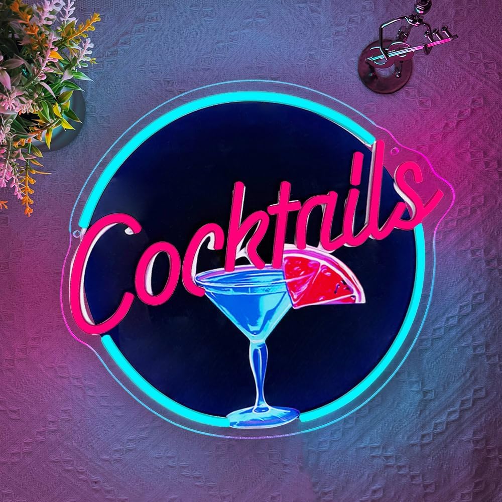 Cocktails Neon Signs for Wall Decor,UV Print Cocktails Glass LED Neon Light Up Sign for Beer Bar Art Wall Lights,Bar Party,Pub,Night Club,Man Cave Decor,Adjustable Brightness