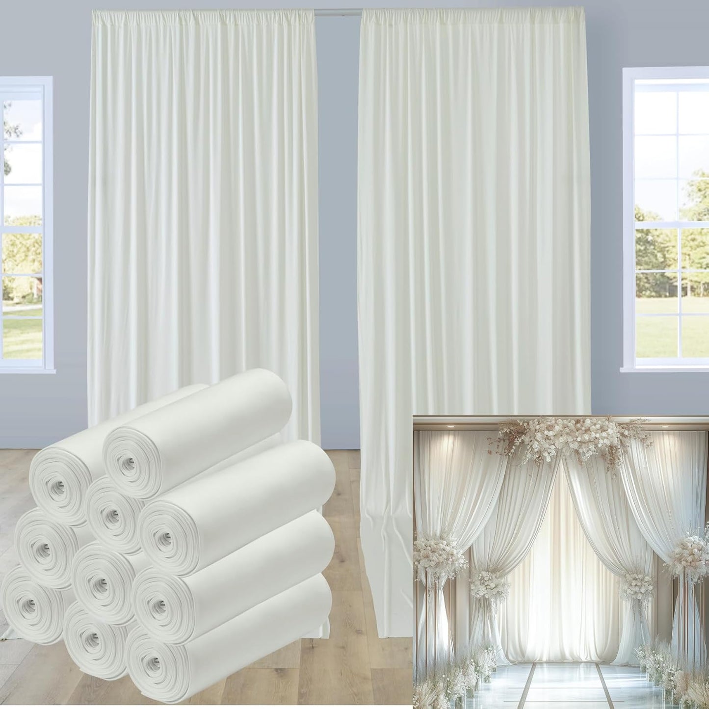 leegleri 50ftx12ft Wrinkle Free Ivory Backdrop Curtain, 10 Panels 12FT Height Ivory Wedding Backdrop Drapes, Silky Polyester Back Drop Cloth for Birthday Photography Background Party Backdrop Draping