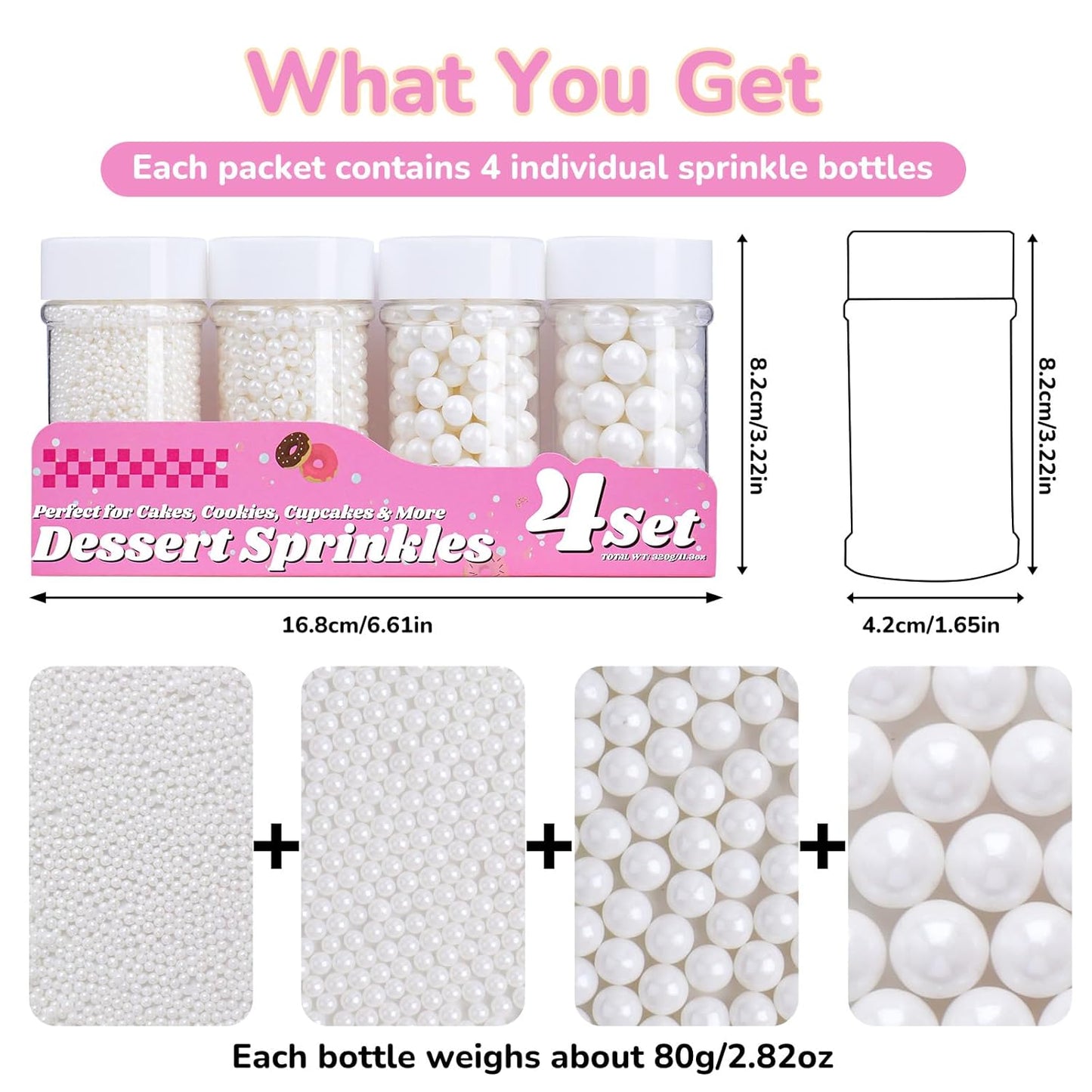 White Pearl Sprinkles for Cake Decorating, 11.3 Oz Edible Pearls Sugar 4 Sizes Gift Box Set for Baking Cookie Ice Cream Cupcake Toppings