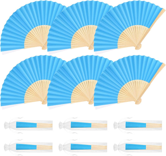 6 Pieces Blue Hand Held Bamboo Folding Fans Foldable Paper Fans Handheld for Women Girls Wedding DIY Decoration Church Home Party Favors Summer