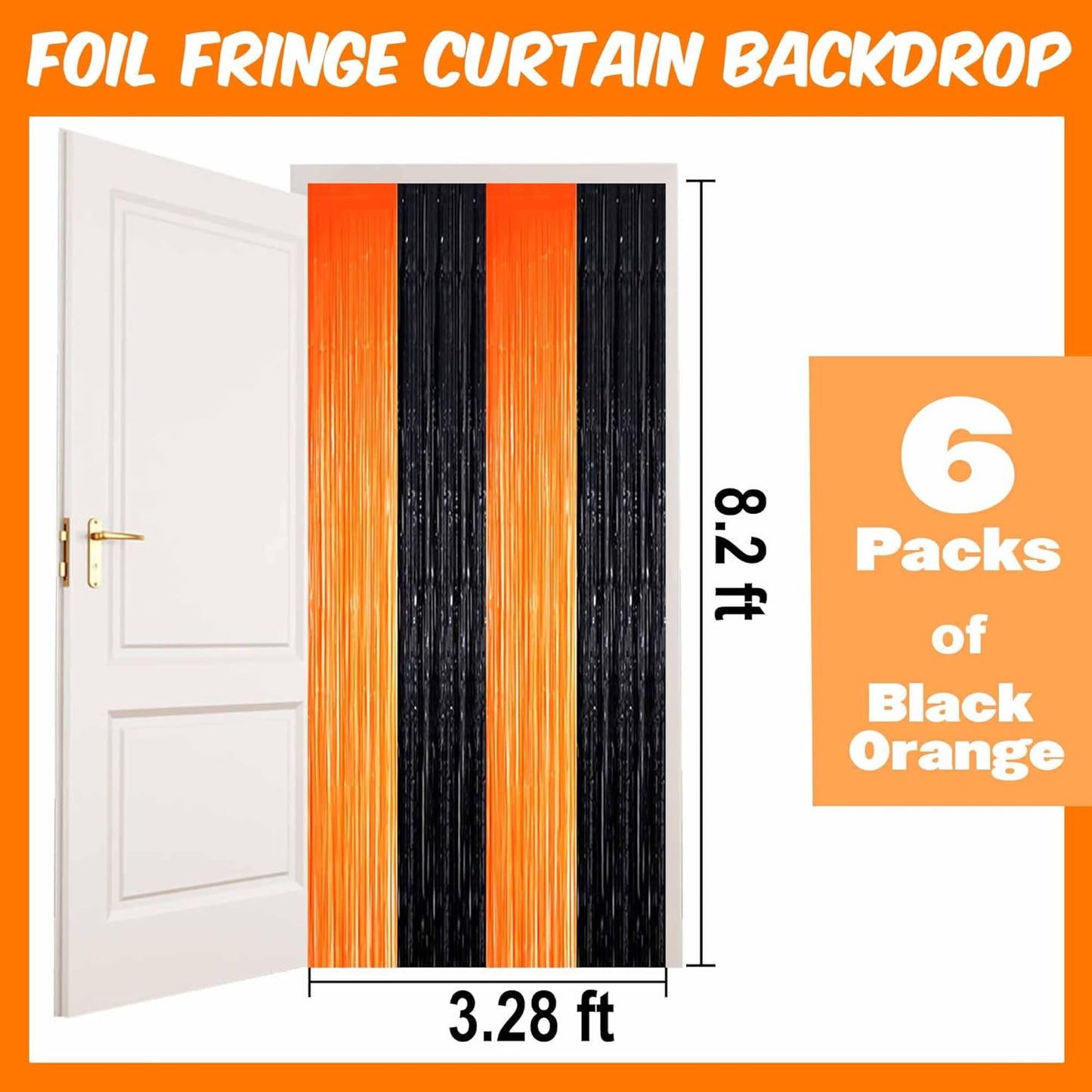 6 Pack Black Orange Foil Fringe Curtains Backdrop, 3.28 x 8.2 Ft Metallic Streamers Tinsel Curtains Background for Photo Booth, Birthday, Weddings, Carnivals, Graduation, Themed Party Decorations