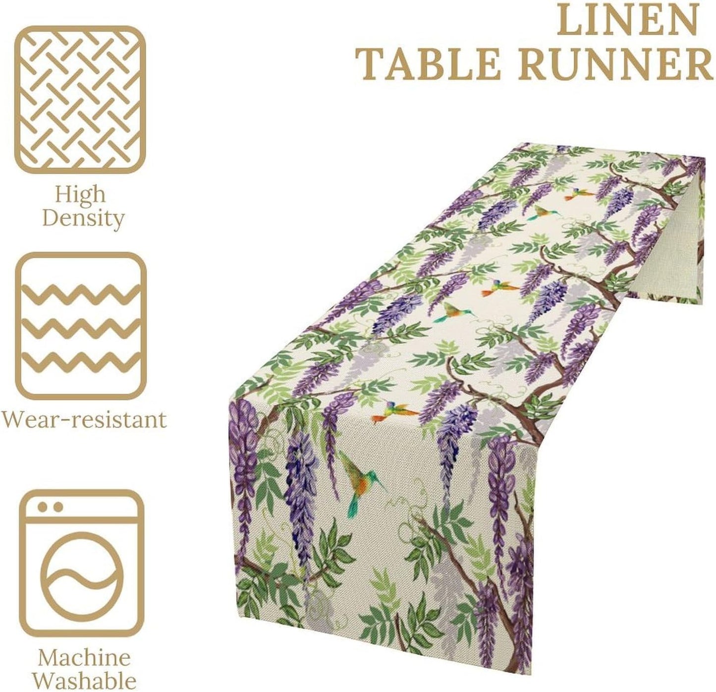 Vintage Bird Flower Table Runner Seasonal Spring Purple Wisteria Garden Plants Lavender Florals Farmhouse Country Kitchen Dinner Runner Dining Table Decoration for Home Party Holiday 13"x120"