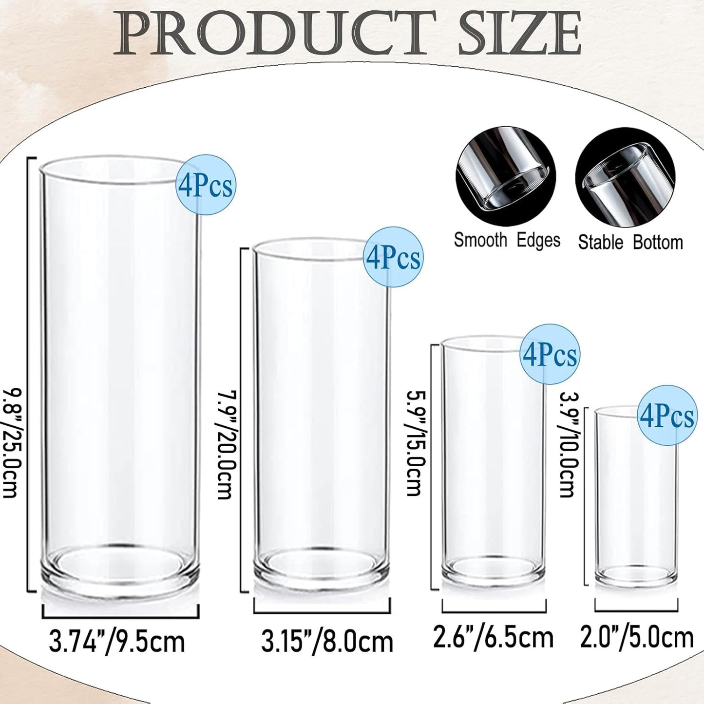 UDU Set of 16 Cylinder Glass Vases and 24 Pcs Floating Candles for Centerpiece, 4,6,8,10 Inch Tall Clear Hurricane Candle Holder Glass Vases for Centerpiece Table Wedding Home Decor