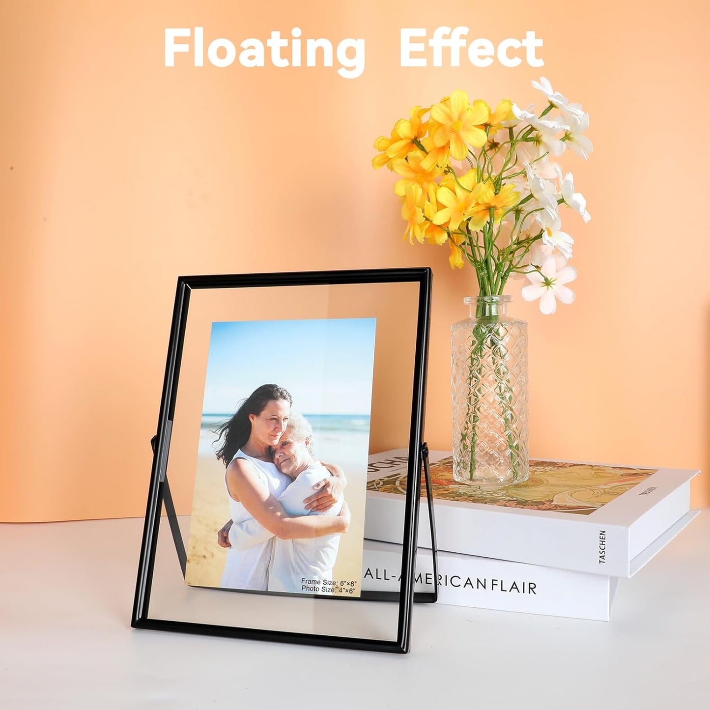Black Floating Frame (6"x8", Vertical), For Picture 5x7, 4x6, 3x5, Tabletop Shelf Photo Frame, Classy Gift For Anniversary, Wedding, or Birthday