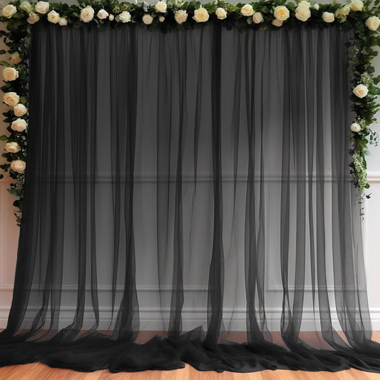 10ft X 10ft Black Sheer Backdrop Curtain for Parties, Tulle Sheer Fabric Backdrop Curtain Drapes for Baby Shower Birthday Party Photo Shoot Halloween Decorations