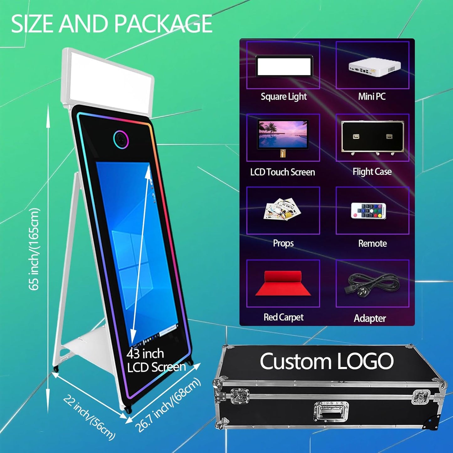 65''Magic Mirror Photo Booth Machine,Mirror Photo Booth 43''Touch Screen,Photo Booth with Flight Case,App Control,RGB Light for Wedding Party Events (White, Machine+Mini Printer)