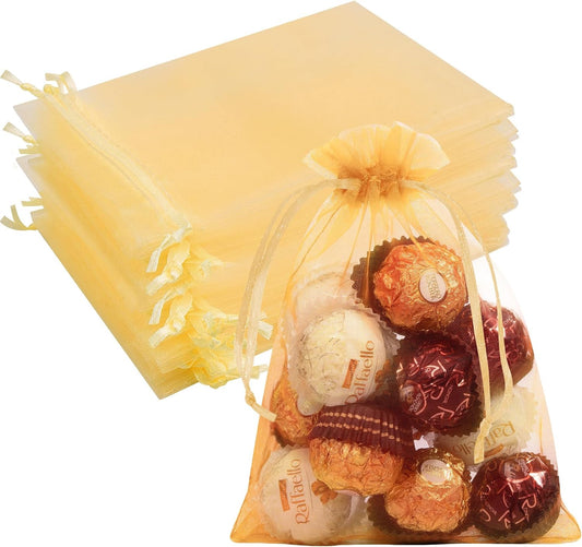 Organza Bags 5x7 Inch 50 Packs Mesh Gift Bags Drawstring Sachet Bags for Party Favor Wedding Baby Shower(Gold)