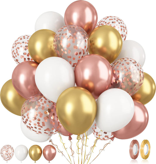 Paready Rose Gold and White Latex Balloons, 60 Pcs 12 Inch Metallic Gold Confetti Balloons with Ribbons for Birthday Party Baby Shower Anniversary Wedding Bridal Shower Graduation Decoration