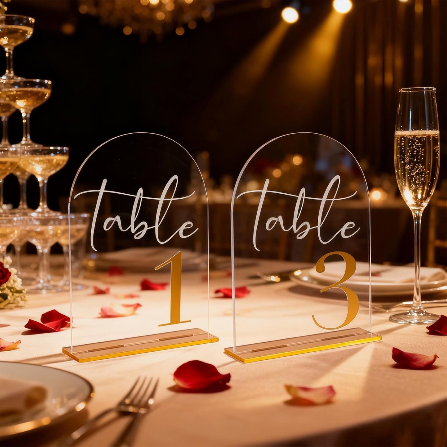 Wedding Table Numbers 1-20 with Stands, 5” x 7” Elegant Acrylic Display Signs with Golden Text, Great Table Numbers for Wedding Reception, Decoration, Centerpiece, Party, Anniversary and Event