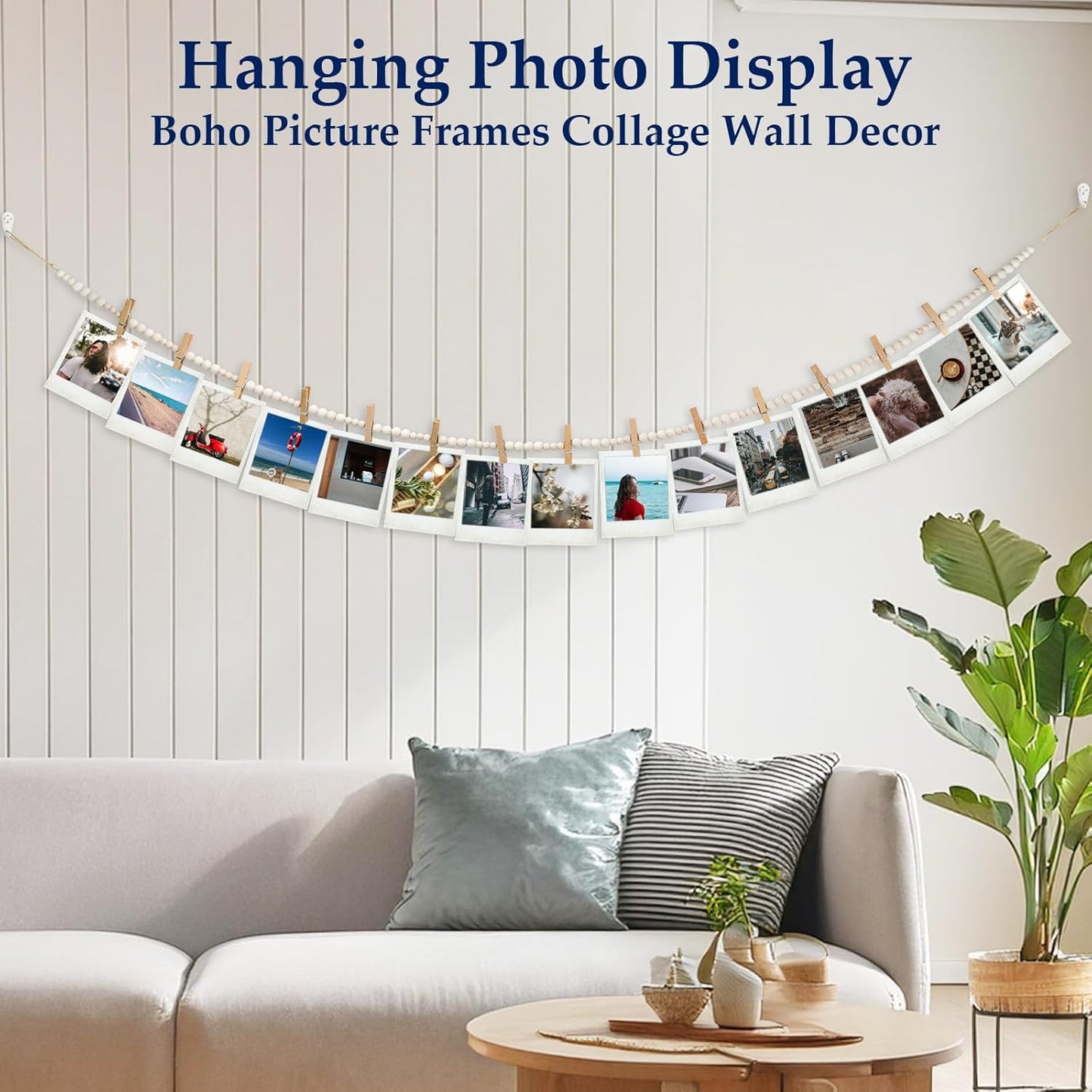Hanging Photo Display Wall Decor with 45 Wood Clips, 67 Inches Boho Wooden Bead Garland Collage Picture Frame Photos String DIY, Photo Hanger for Bedroom Office Dorm Room Decor Gifts(3PCS)
