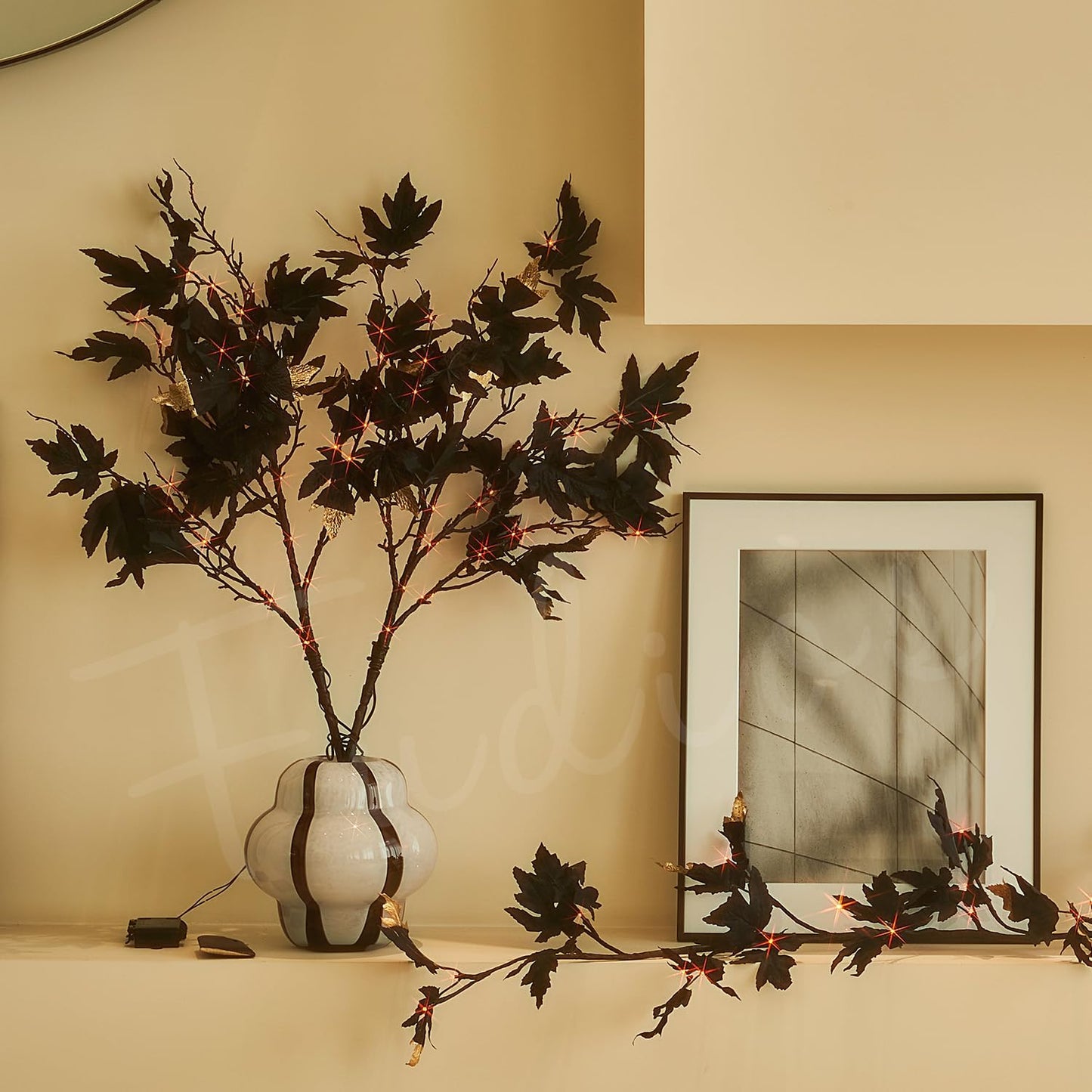 Fudios Halloween Black Branch Lights with Maple Leaves 120LED 32IN Battery Operated Thanksgiving Indoor Artificial Lighted Twig Branches with Timer Warm White and Orange Lights