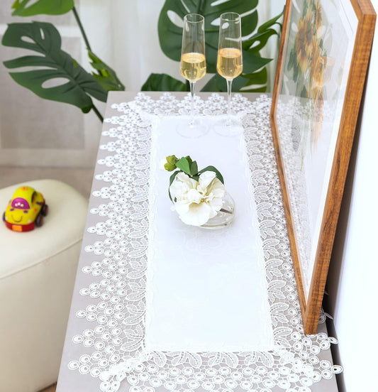 White lace Premium Rectangle Farmhouse Table Runner Waterproof OilProof SpillProof AntiShrink Soft Wrinkle Resistant Decorative Fabric Table Cover Kitchen Dinning Party Wedding Banquet