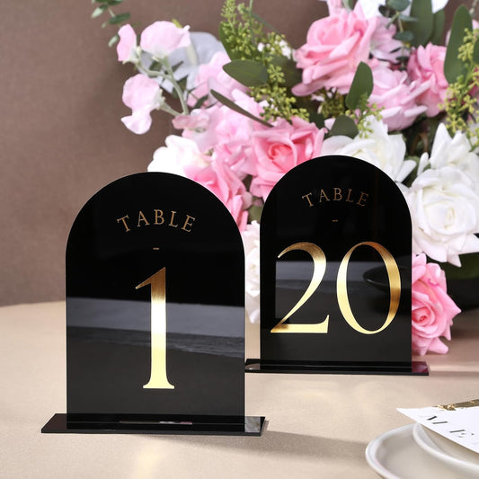 UNIQOOO Black Arch Wedding Table Numbers with Stands 1-20, Gold Foil Printed 5x7 Double Sided Acrylic Signs and Holders, Perfect for Centerpiece, Reception, Decoration, Party, Anniversary, Event