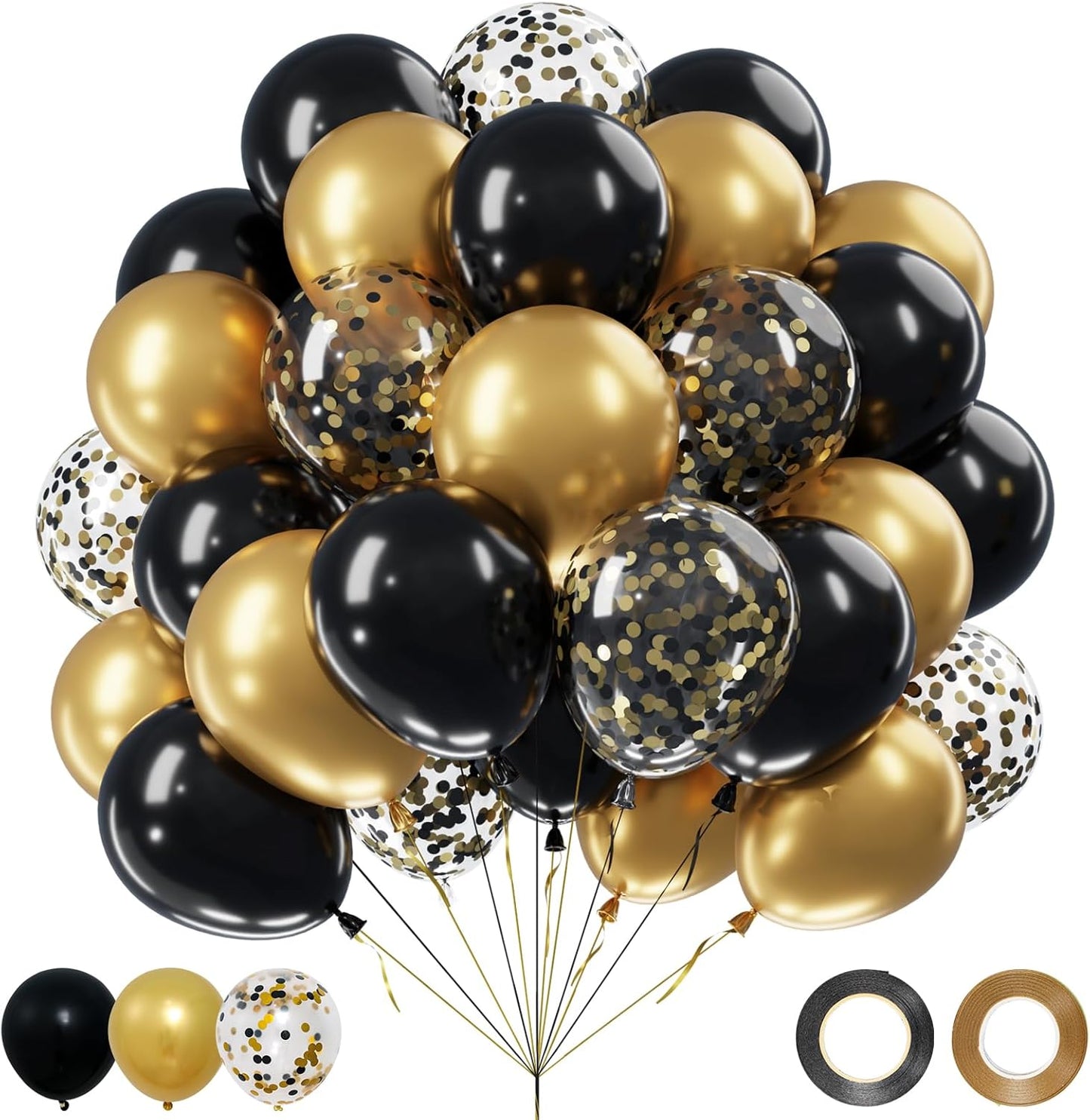 Netnology Black and Gold Balloons Set, 60Pcs 12 Inch Black Balloon Metallic Gold Balloon Gold Confetti Latex Balloon for Birthday Graduation New Years Wedding Anniversary Party Decorations