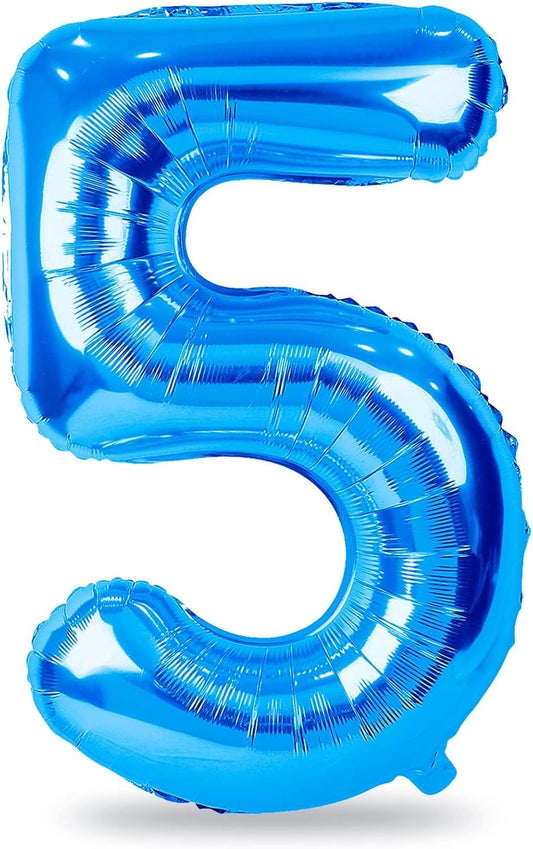Blue Number Balloons, 40inch Large Number 5 Foil Mylar Helium Balloons, Self Inflating Number Balloons 0-9 for Men Boys 5th 50th 25th Birthday Anniversary Party Celebration Decoration Supplies
