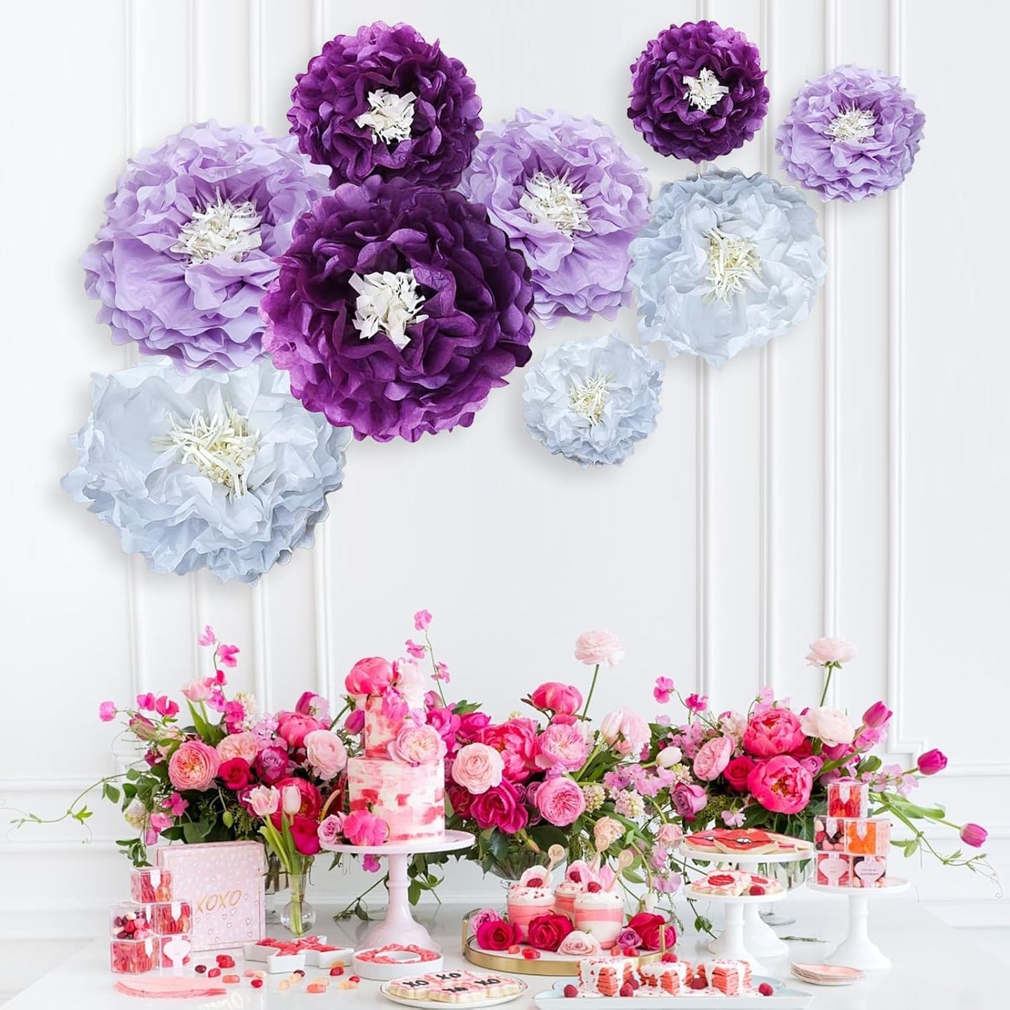 Purple Paper Flower Pom Poms Wall Decorations for Sweet Party Background, Birthday, Bachelor Party, Baby Shower, Graduations, Tea Parties