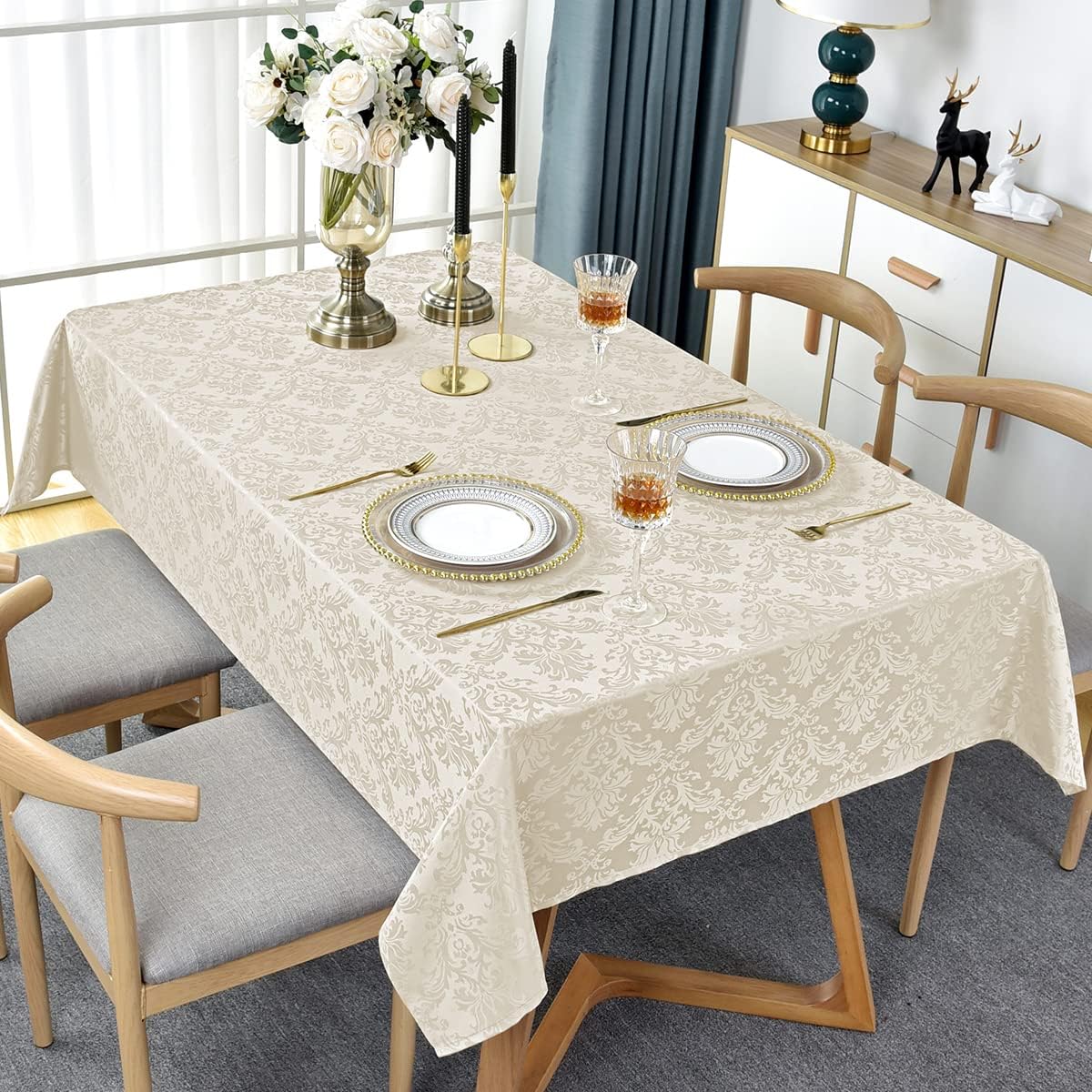 SASTYBALE Jacquard Tablecloth Rectangle 60 x 84 Inch Beige, Waterproof Dust Resistant Damask Table Cloth, Washable Fabric Table Cover for Dining Room, Party, Indoor, Outdoor (Off White, Oblong)