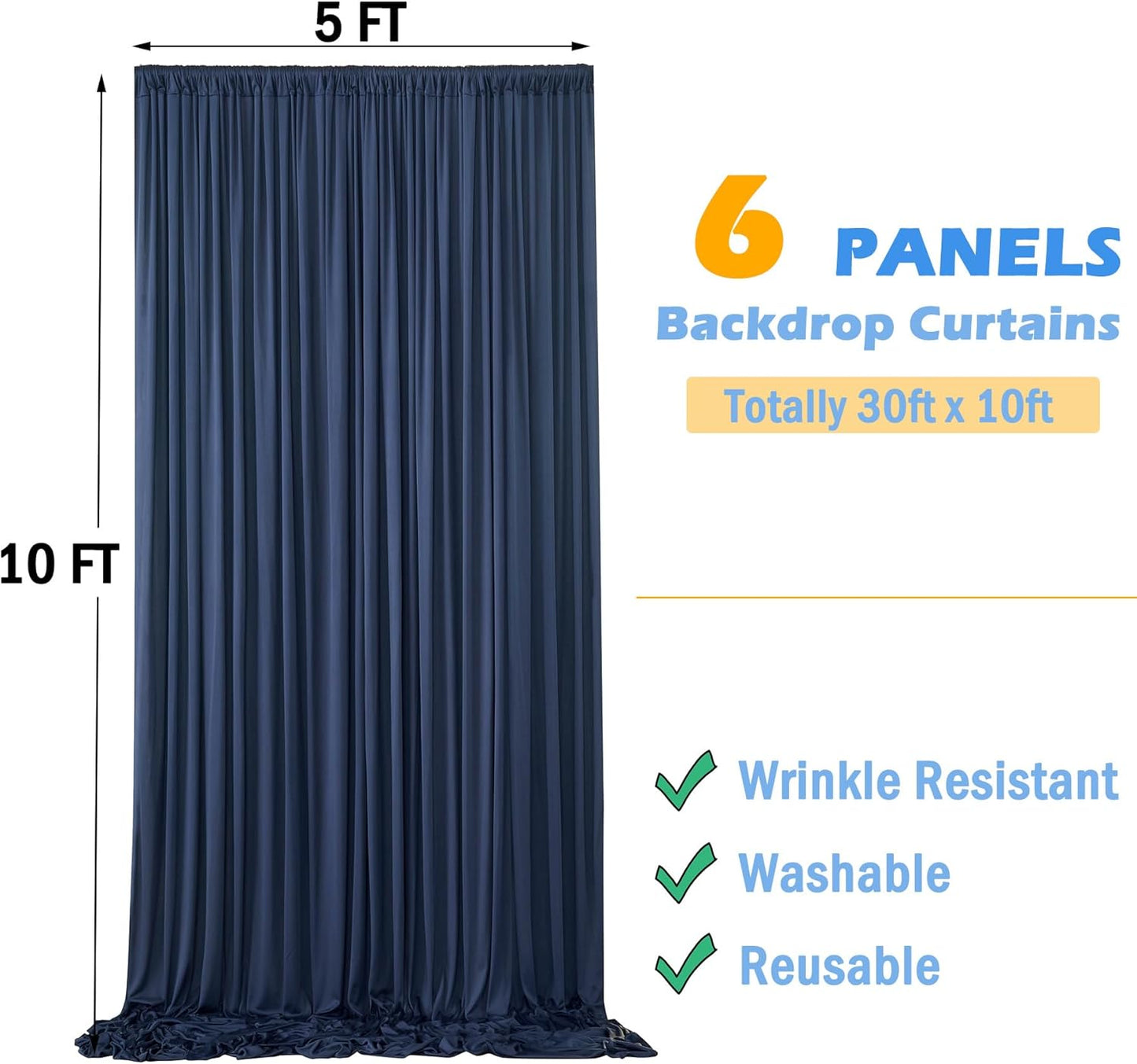 30ftx10ft Navy Blue Backdrop Curtains for Party Background, Wrinkle Free 6 Panels Navy Photo Backdrop Drapes Back Drop Cloth for Wedding Birthday Photography Baby Shower Decor