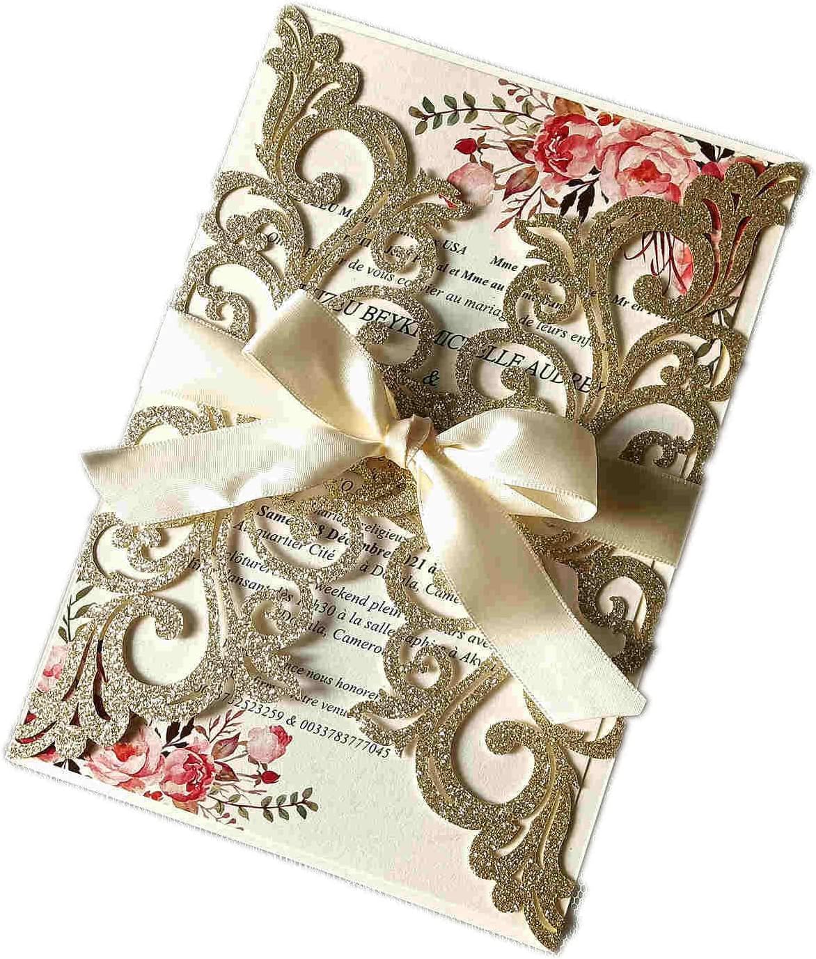 25PCS Champagne Gold Glitter Laser Cut Wedding Invitations Cards with Envelopes,Blank Inner Sheets,Ribbons for Wedding Bridal Shower Quinceañera Engagement Birthday Invites, champagne glitter