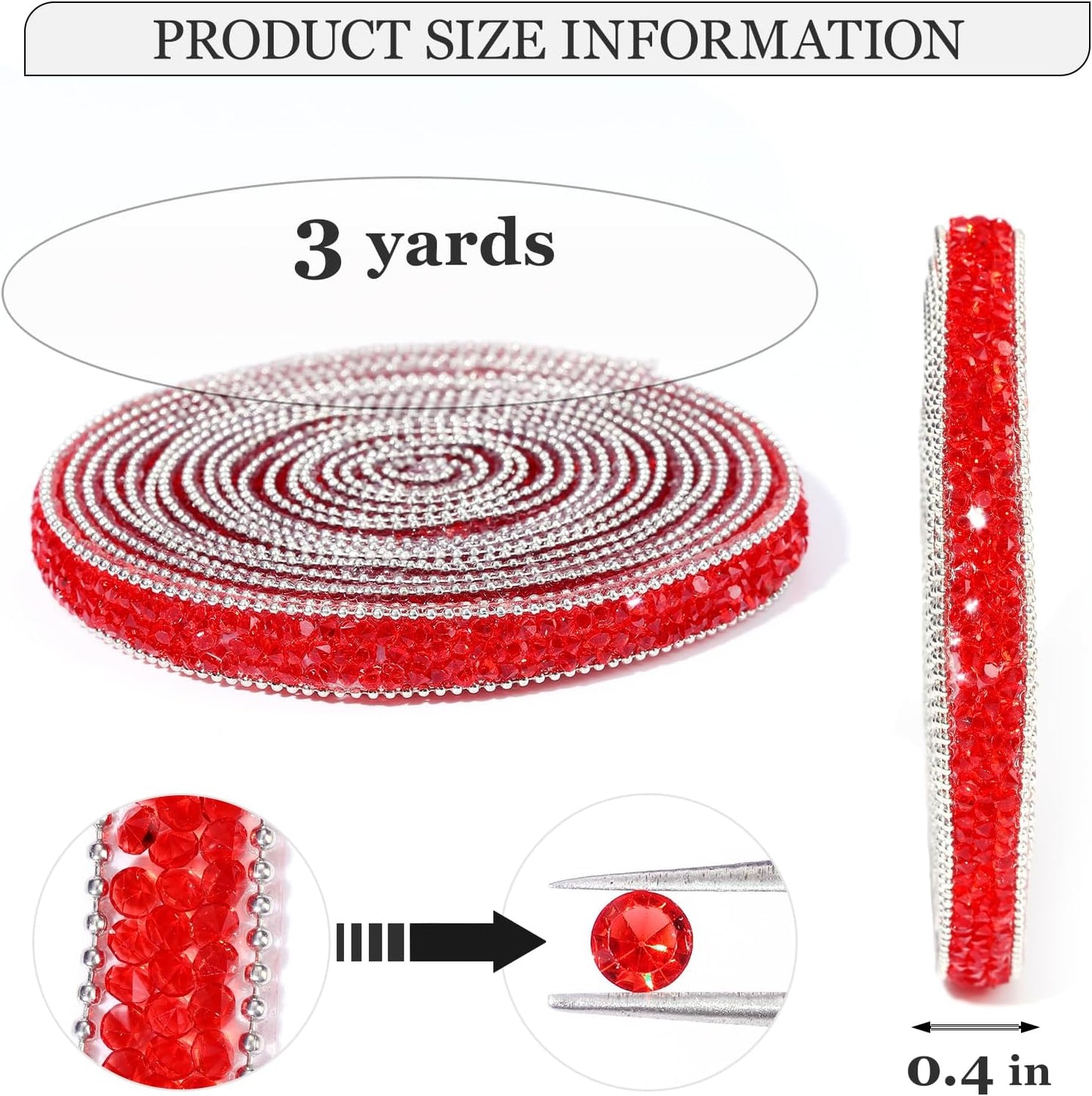 Rhinestone Ribbon 3 Yards Self Adhesive Rhinestone Strips Diamond Ribbon Sticker Crystal Roll Glitter Bling Rhinestones Tape for Crafting DIY Art Decoration (Red,0.4 Inch)
